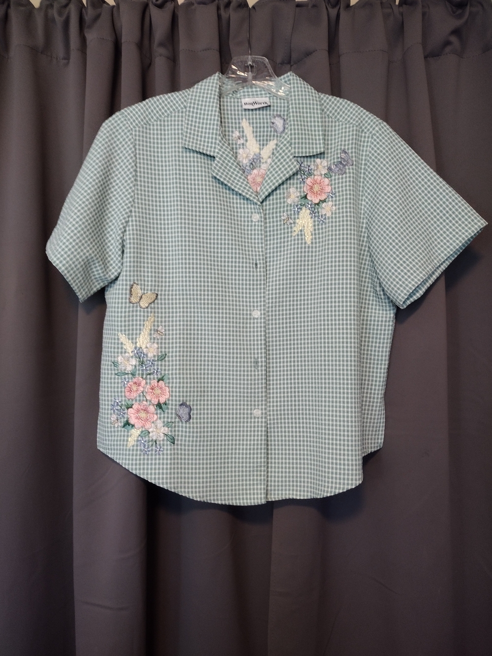 Bon Worth Embroidered Green Gingham Button-Up Blouse